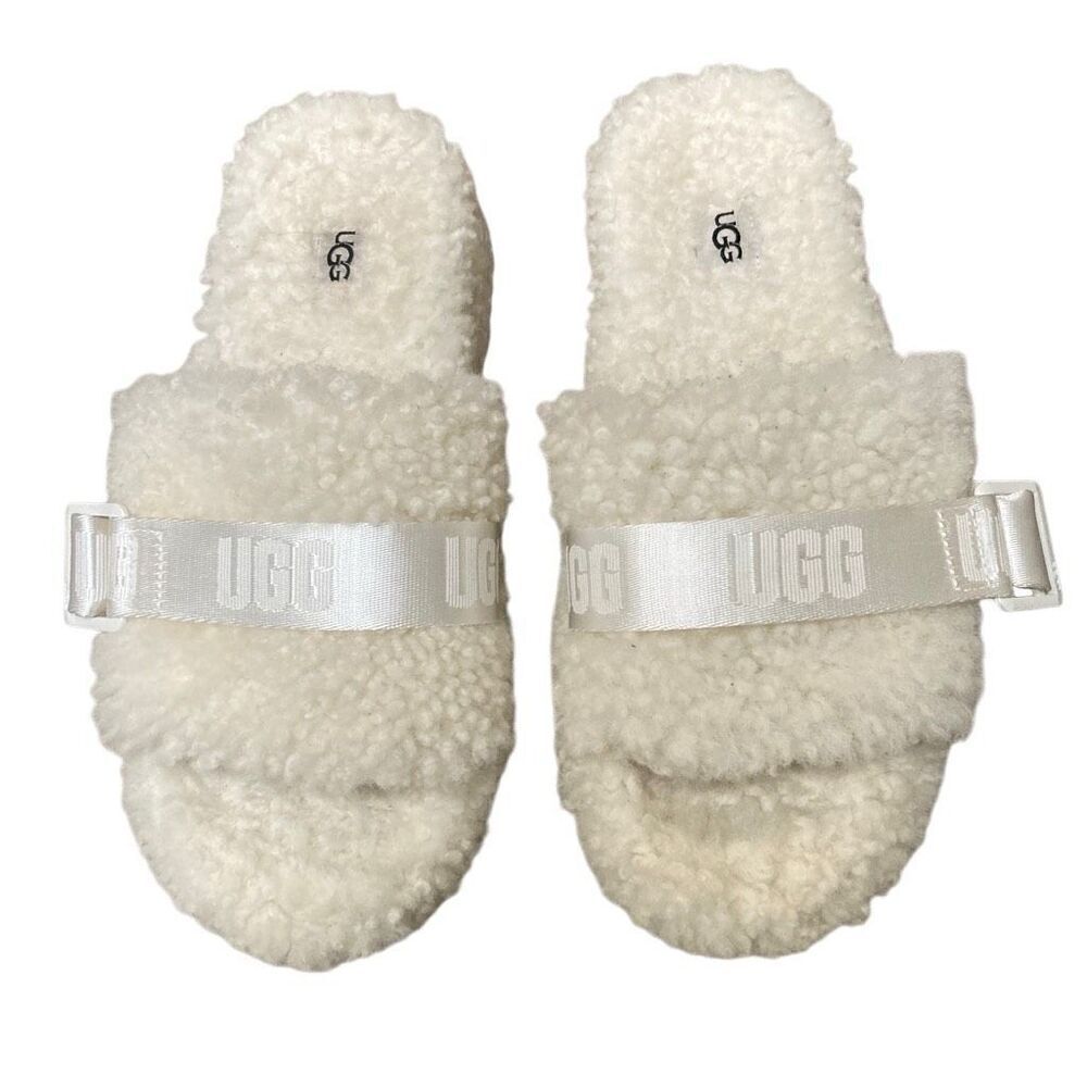 Ugg Fluffita slide on off-white Sherpa sheepskin slippers womens 9 lug sole